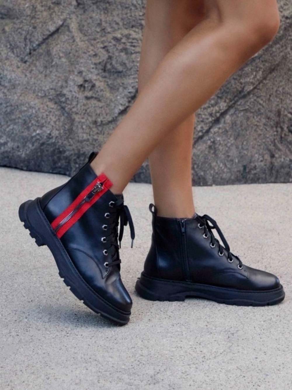 Linea Paolo Black Leather Combat Boots with Red Zip Accent - Bolton